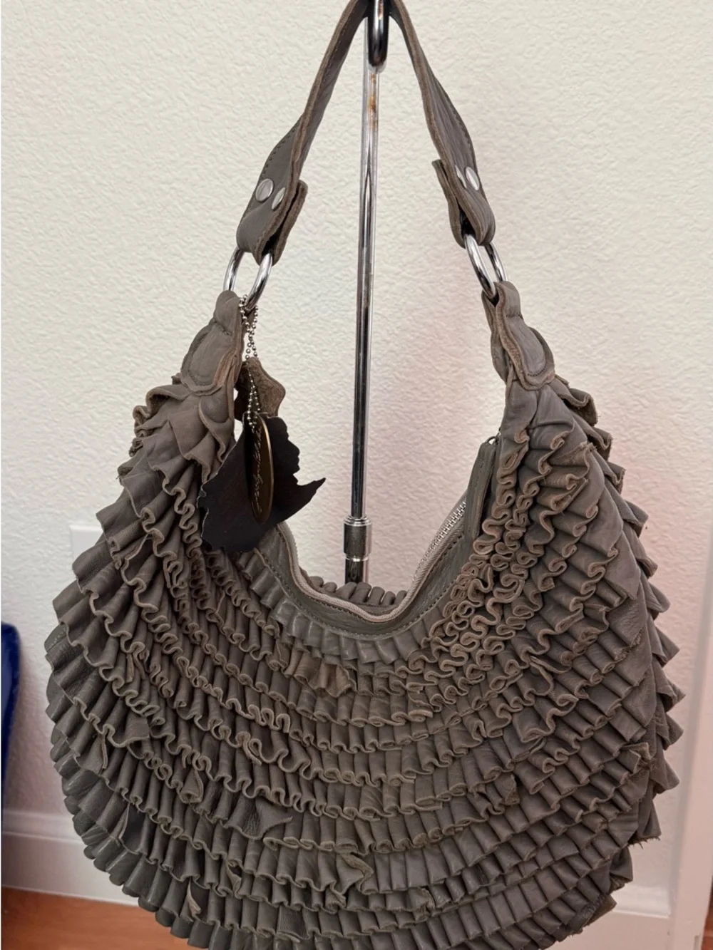 Ruffled Hobo Shoulder Bag in Charcoal
